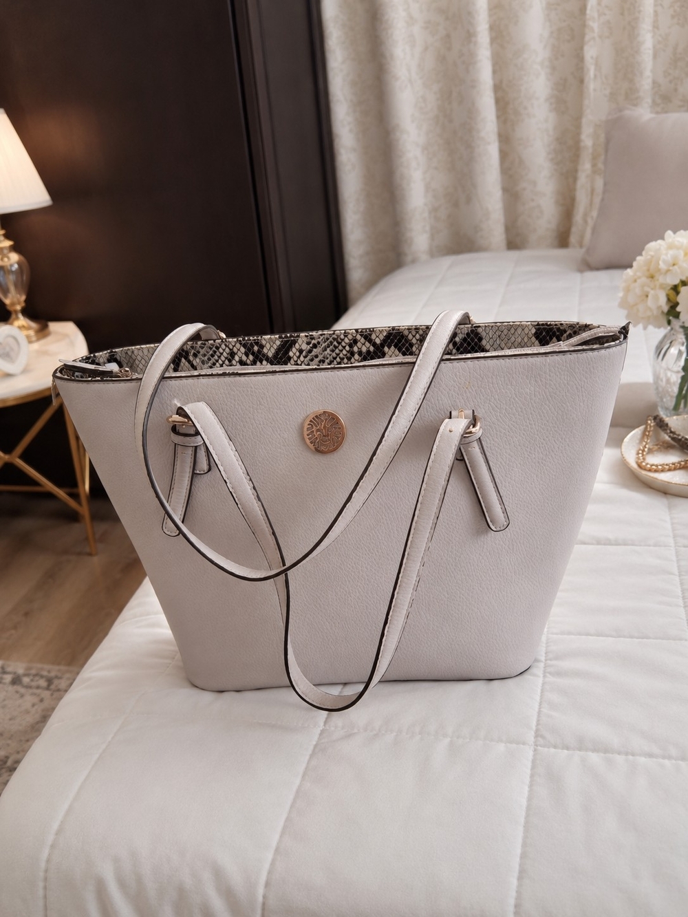 Light Gray Tote with Snake-Print Interior